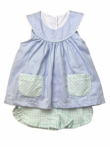 Penelope Ruffle Short Set - Blue Chambray