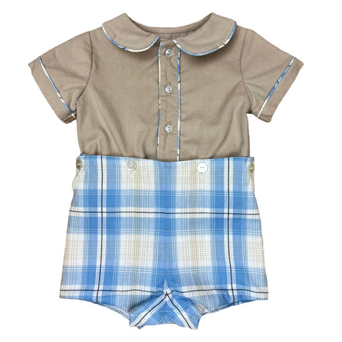 Peter Button On Short  S/S - Blue Khaki Plaid