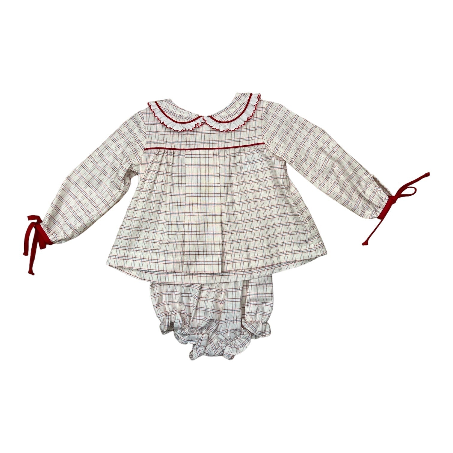 Flora Girl Bloomer Set L/s Ties - Blue Red Plaid