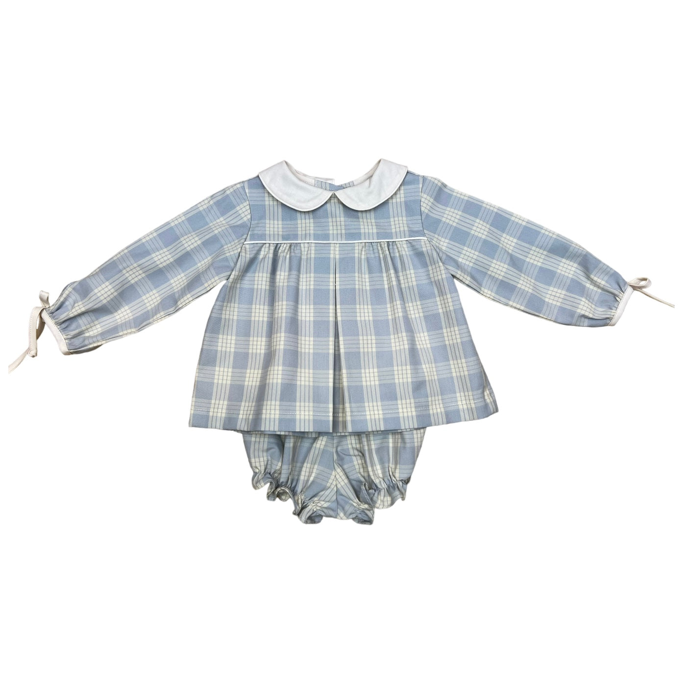 Fiona Girl Bloomer L/S Ties - Blue White Plaid