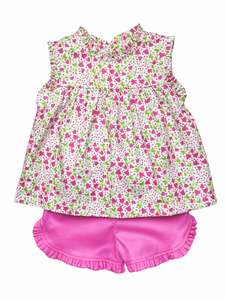 Lottie Girl Ruffle Short Set - Pink Flower Vine