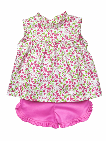 Lottie Girl Ruffle Short Set - Pink Flower Vine