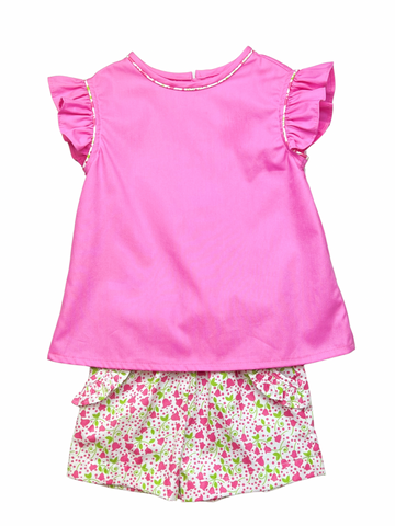 Lucy Girl Ruffle Short Set - Pink Flower Vine