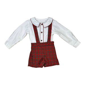 Button on Suspender Short  - Red Plaid