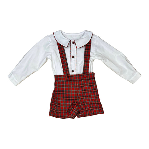 Button on Suspender Short  - Red Plaid