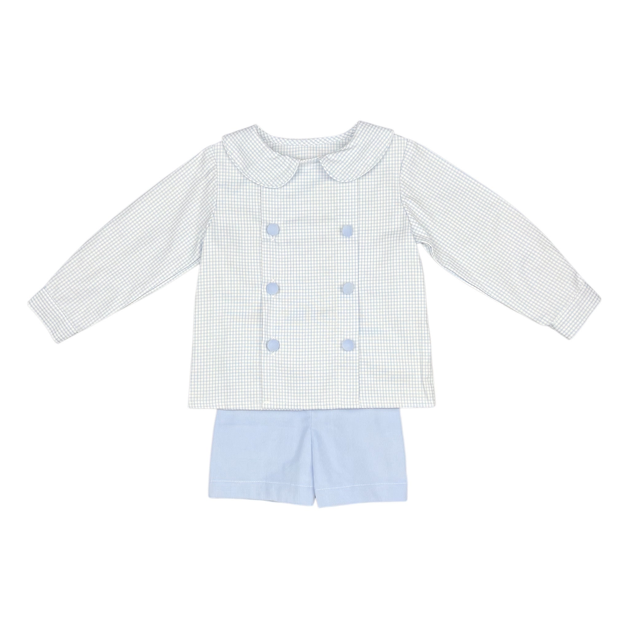 DB Boy Short Set l/s Cover Button - Blue Check Oxford