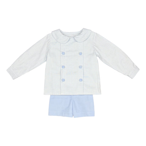 DB Boy Short Set l/s Cover Button - Blue Check Oxford