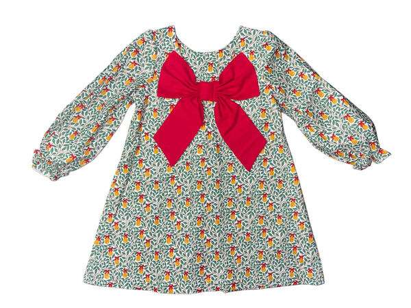 JACKLYN DRESS L/S - PEAR W/ RED BOW