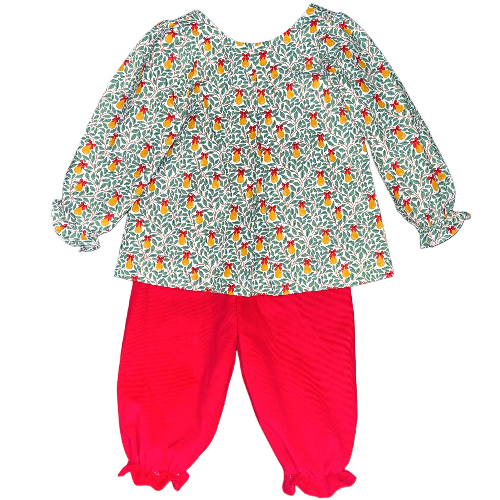 JACKLYN L/S  BLOOMER PANT SET  - PEAR W/ RED BOW