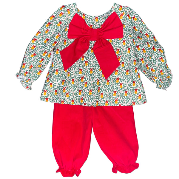 JACKLYN L/S  BLOOMER PANT SET  - PEAR W/ RED BOW