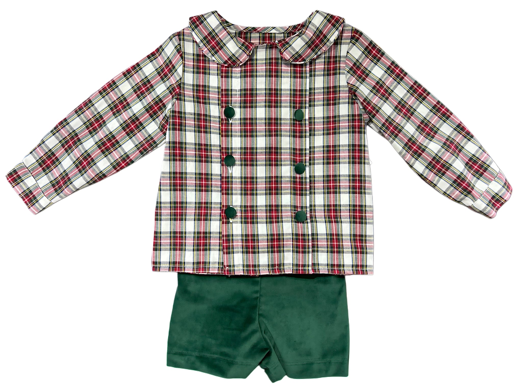 DB BOY SHORT SET  L/S  COVER BUTTON - RED/GREEN PLAID