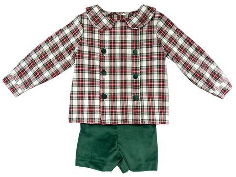 DB BOY SHORT SET  L/S  COVER BUTTON - RED/GREEN PLAID