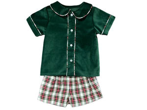 PETER SHORT SET L/S PIPE  - HUNTER GREEN VELVETEEN