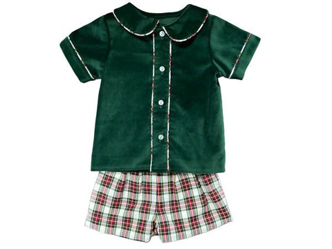 PETER SHORT SET L/S PIPE  - HUNTER GREEN VELVETEEN
