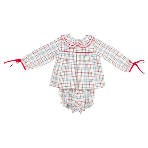 FIONA BLOOMER SET L/S TIES LACE - RED/WHITE/ BLUE PLAID