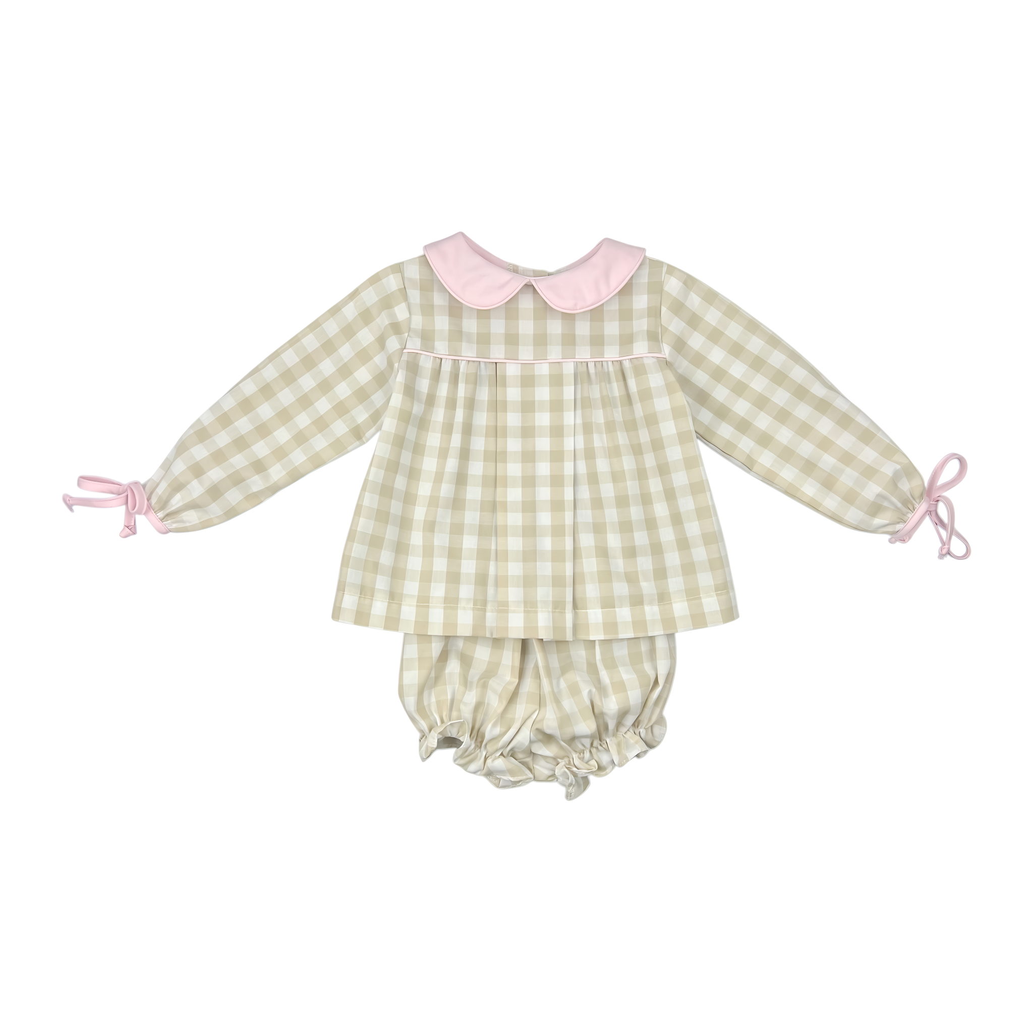 CHRISTY GIRL BLOOMER SET L/S TIES - KHAKI CHECK