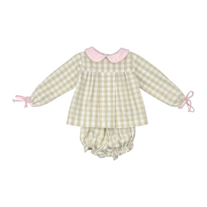 CHRISTY GIRL BLOOMER SET L/S TIES - KHAKI CHECK