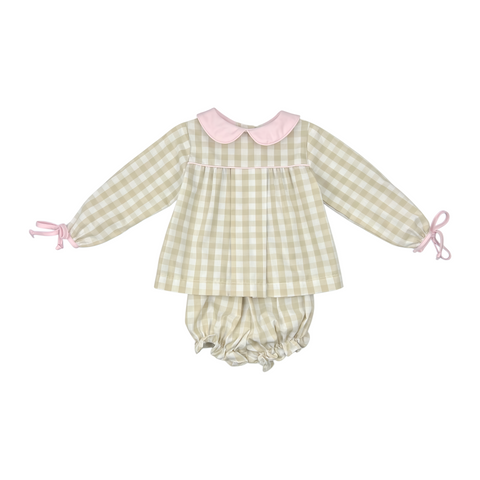 CHRISTY GIRL BLOOMER SET L/S TIES - KHAKI CHECK