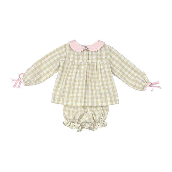 CHRISTY GIRL BLOOMER SET L/S TIES - KHAKI CHECK